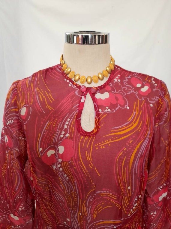 Vintage 70's, Dark Pink Semi Sheer Dress with Abs… - image 2