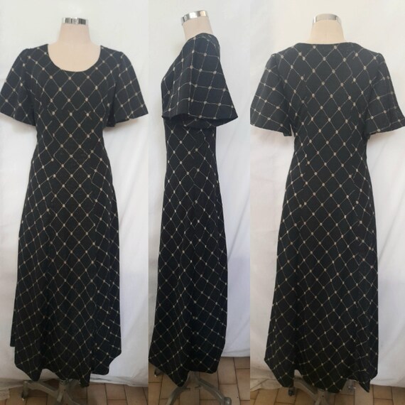 Vintage 70's Boho Black and Gold Lurex Maxi Dress… - image 4