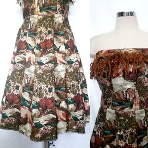 Vintage 50&#39;s Strapeless, Fit and Flare Tapestry Dress with Bodice Top Fringe and Pleated Skirt, Landscape Pattern