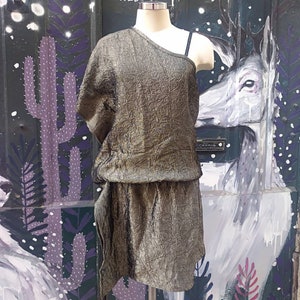80&#39;s Assimetrical One Shoulder, Golden Eccentric Statement Mini Dress