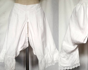 Early 20th Century Cotton Split Crotch Bloomers, Knickers, Panties with Lace Trim, Antique Lingerie