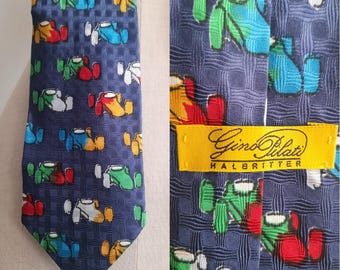 Vintage Blue Silk Tie, Necktie with Abstract Colourful Motifs, by Gino Pilati