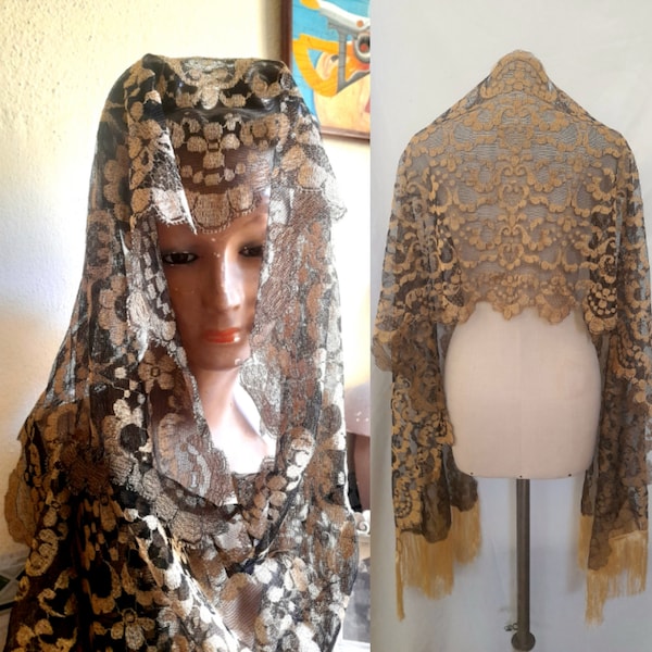 Beautiful Vintage 40's 50's Exquisite Black Lace and Gold Veil, Shwal, Mantilla with Silk Fringe