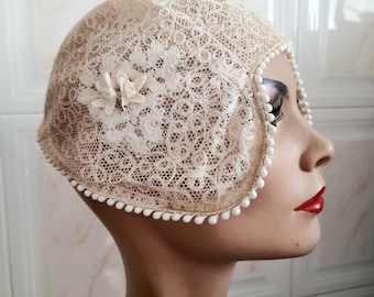 Antike 20er Jahre Art Deco Hochzeit Bonnet, Spitzenkappe mit Orangen Blüte, Ewige Liebe