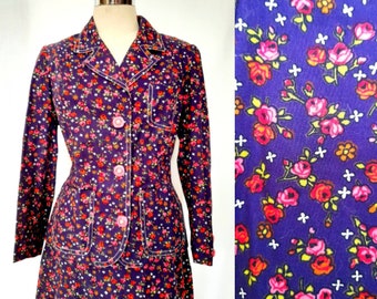 Vintage 70's Groovy Plited Skirt and Blazer, Dark Purple Floral Print Cotton Set