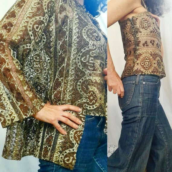 Fabulous Vintage Semi Sheer Gold Embroidered Lace… - image 10