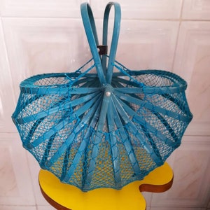 Rare Vintage 60's Japanese Bamboo and Fishnet Folding Basket, Handbag, Collapsible Bag