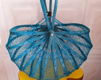 Rare Vintage 60's Japanese Bamboo and Fishnet Folding Basket, Handbag, Collapsible Bag
