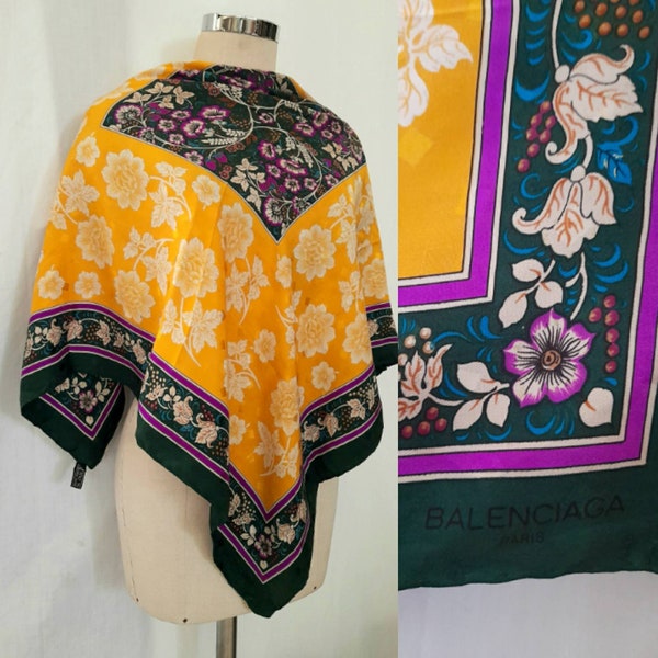 Vintage Balenciaga Jacquard Silk Floral Print Scarf in Shades of Yellow Purple and Green