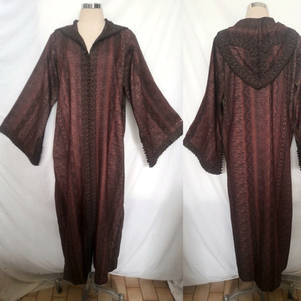 Vintage 70's Brown Kaftan with Animal Print and Tiny Rose Shape Buttons, Ethnic kaftan, Bohemian kaftan Dress