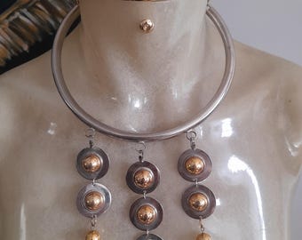 Vintage 60's 70's Space Age Mixed Metal Necklace Choker,  Modernist Choker