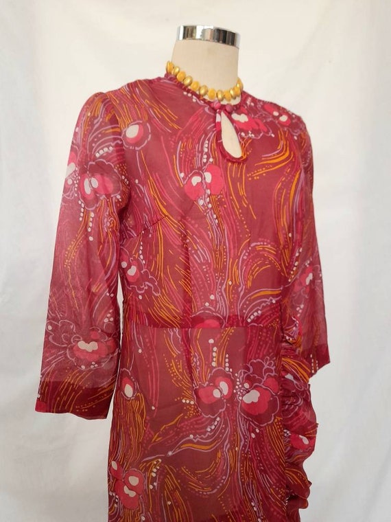 Vintage 70's, Dark Pink Semi Sheer Dress with Abs… - image 7