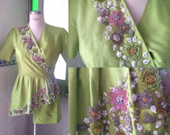 Vintage 1980s Lemon Green Raw Silk Assimetrical Sequins Embroidery Jacket