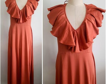 Vintage 70's Black Burnt Orange Halterneck Maxi Dress with Ruffed Neckline, Boho Chic
