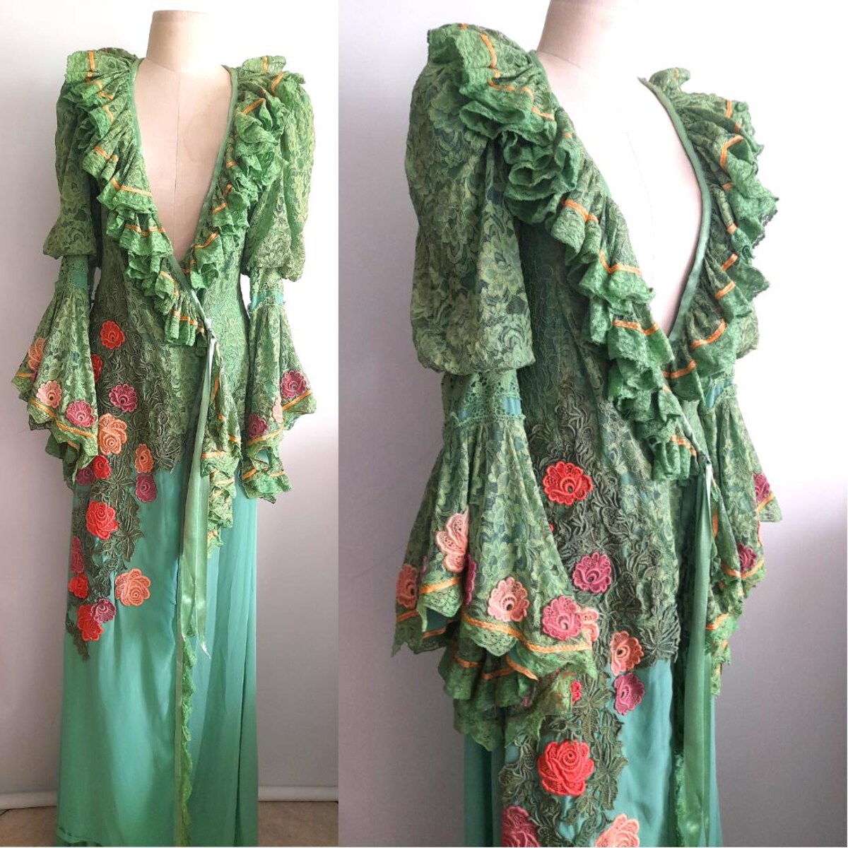 Vintage 70's Fabulous Crepe and Lace Peignoir Robe With Flower Apliquees, Boudoir Dress, Theater Dress, Bohemian, Boho Chic, - Etsy