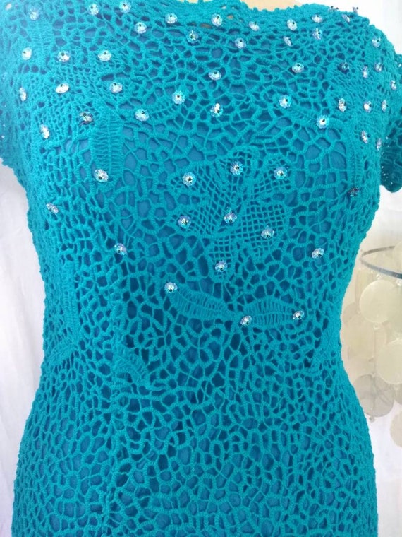 Vintage 60's Turquoise Irish Lace Crochet Dress, … - image 4