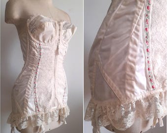 Vintage 50's Elegant Early Nylon and Lace Corset Bustier, Corselette, Shapewear, 'Merry widow' Style