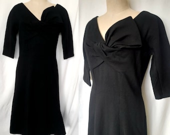 Vintage Late 50's Early 60's Black Jersey Fitted Dress, Pinup dress, Classic Elegance