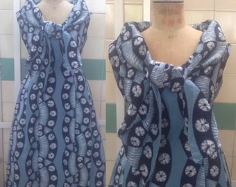 True vintage 1950s Textured Cotton Summer Dress in Shades of Blue, Pinup