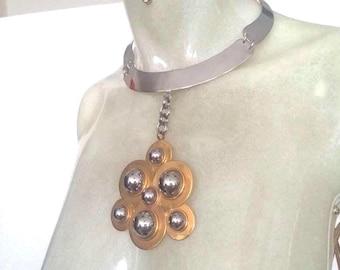 Midcentury Modernist Mixed Metal Choker Pendant Necklace, Space Age, 60's 70's
