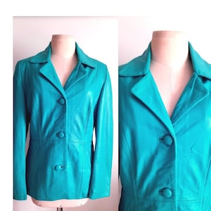 Veste et blazer en cuir turquoise vif, ajusté, vintage des années 90