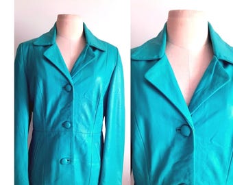 Vintage 90's  Fitted, Vibrant Turquoise Leather Blazer, Jacket
