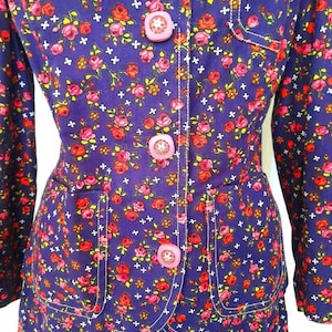 Vintage 70&#39;s Groovy Pleated Skirt and Blazer, Dark Purple Floral Print Cotton Set