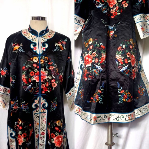 Vintage Black Satin Embroidered Chinese Robe, Kimo