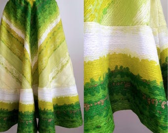 Striking Vintage 70's Flared Skirt with Abstract Print in Shades of Green, One of a Kind