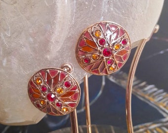 Vintage 80's Oversized Gold Metal and Stained Glass, Clip on Statement Earrings