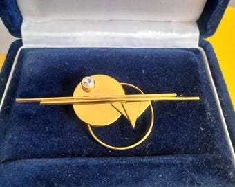 Vintage 90's Art Deco Style Geometric Brooch, Gold Tone Metal, Modernist Design