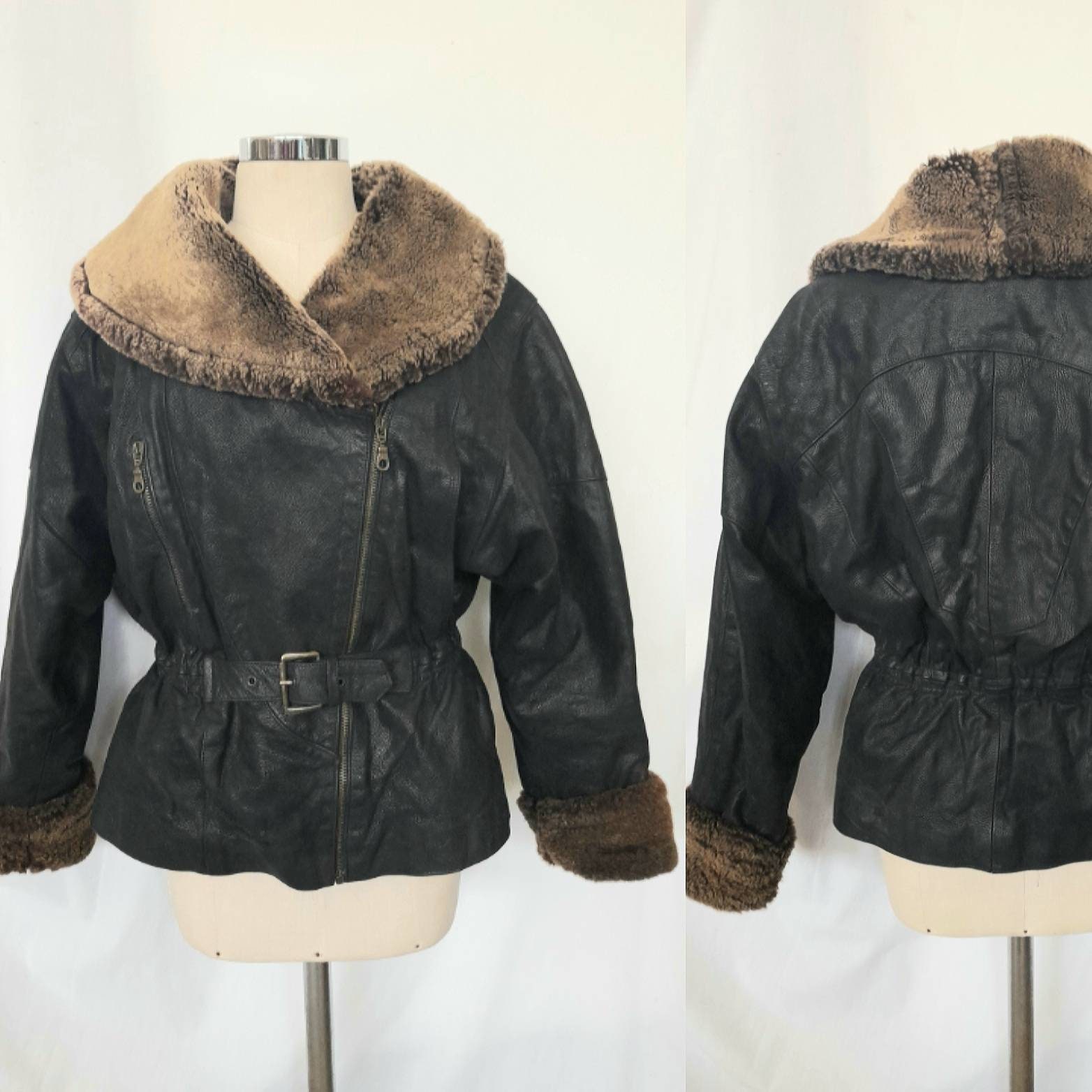 Vintage 80's Black Leather and Shearling Zip Quilted Jacket