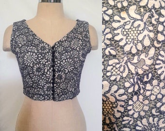 Vintage Exquisite Blouse, Embroidered Lace Crop Top with Covered Buttons, Handmade