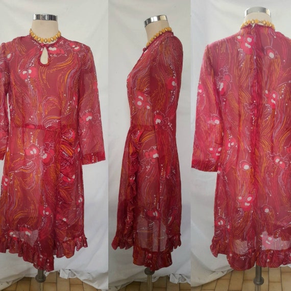 Vintage 70's, Dark Pink Semi Sheer Dress with Abs… - image 8