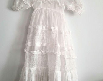 Vintage 40s Organza Baptism Dress: Embroidered Ruffle Christening Gown