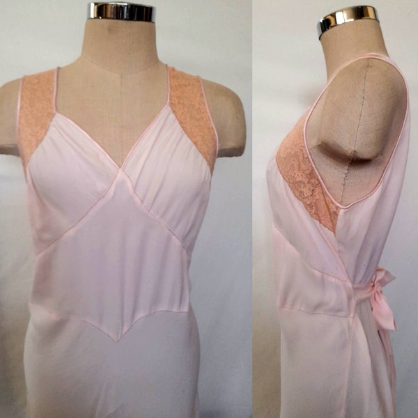Vintage 30's Bias Cut Baby Pink Rayon Nightgown, Slip Dress, Boudoir Lingerie, Old Hollywood Glam