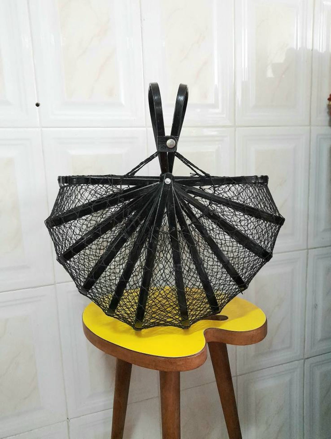 Rare Vintage 60's Japanese Bamboo and Fishnet Folding Basket