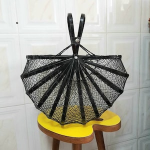 Rare Vintage 60's Japanese Bamboo and Fishnet Folding Basket, Handbag, Collapsable Bag