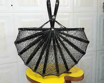 Rare Vintage 60's Japanese Bamboo and Fishnet Folding Basket, Handbag, Collapsable Bag