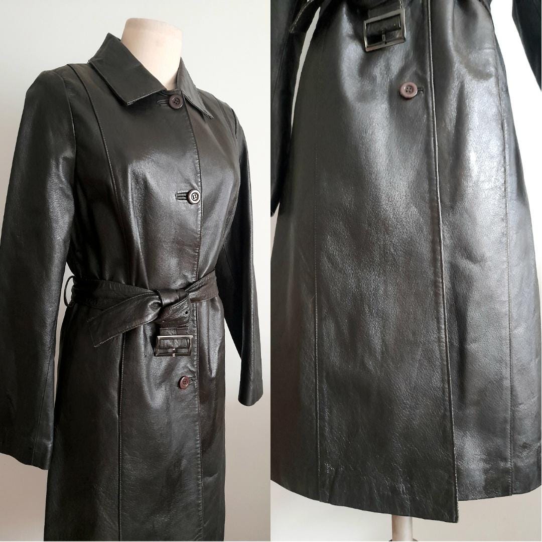 Vintage 90's Brown Leather Midi Coat With Belt, Made in Portugal