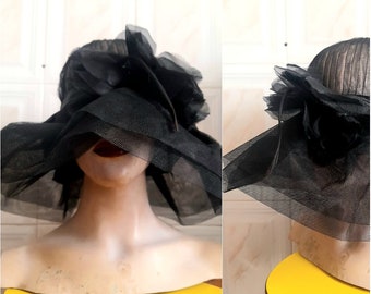 Vintage 60's Stylish Black Double Tulle Soft Brim Hat with Pleated Crown, Wedding Hat