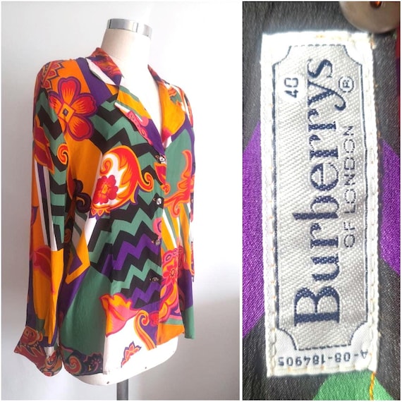 Vintage 90's Burberrys Acetate and Silk Multicolor Shirt, Colorful Abstract Print, Designer Shirt