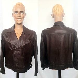 Vintage Chocolate Brown Wide Collar Bands Leather Jacket, Assymetrical Closure, Biker Jacket