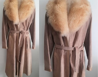 Abrigo vintage de los años 70 de ante y cuero con cuello de borrego, Penny Lane, estilo boho chic, hecho en Inglaterra.