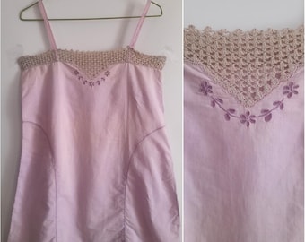 Antique 20's Slip Dress, Blouse with Crochet Lace Trim and Floral Embroidery, Art Deco Lingerie, Vintage Lingerie