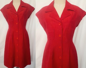 Vintage 50's Red Linen Fitted Dress, Button up Front with Pockets, Summer Dress