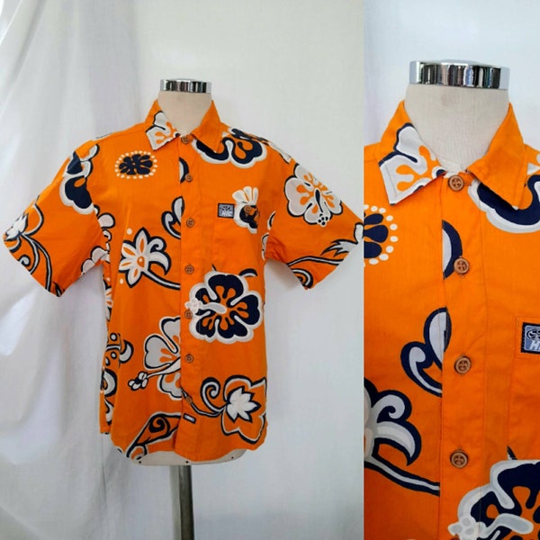 Les années 1990 hawaiiennes créations Chemise orange avec imprimé floral bleu et blanc, Petite