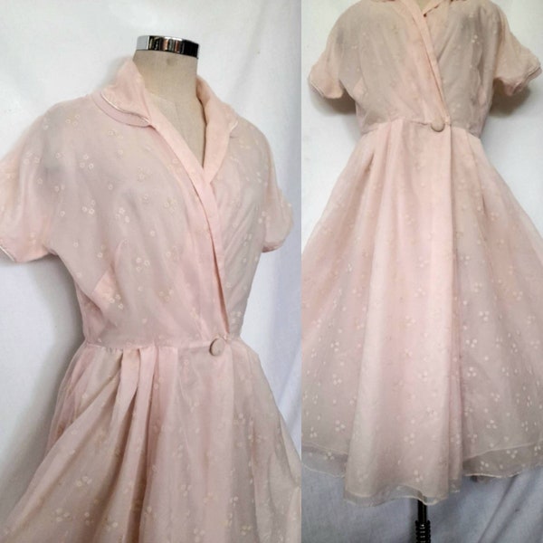 vintage 50's Pale Pink Semi Sheer House Dress, Robe, Fit and Flare Dress