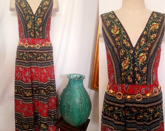 Vintage 70's Boho Maxi Vestido con cintura ajustada y estampado mixto, vestido de línea A