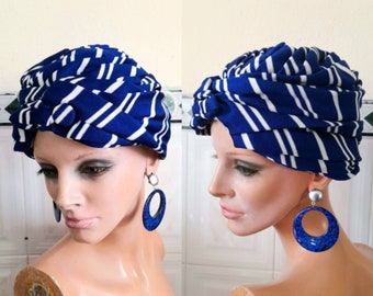 Striking True Vintage 60's Pleated Blue and White Striped Hat, Turban, Hollywood Glam